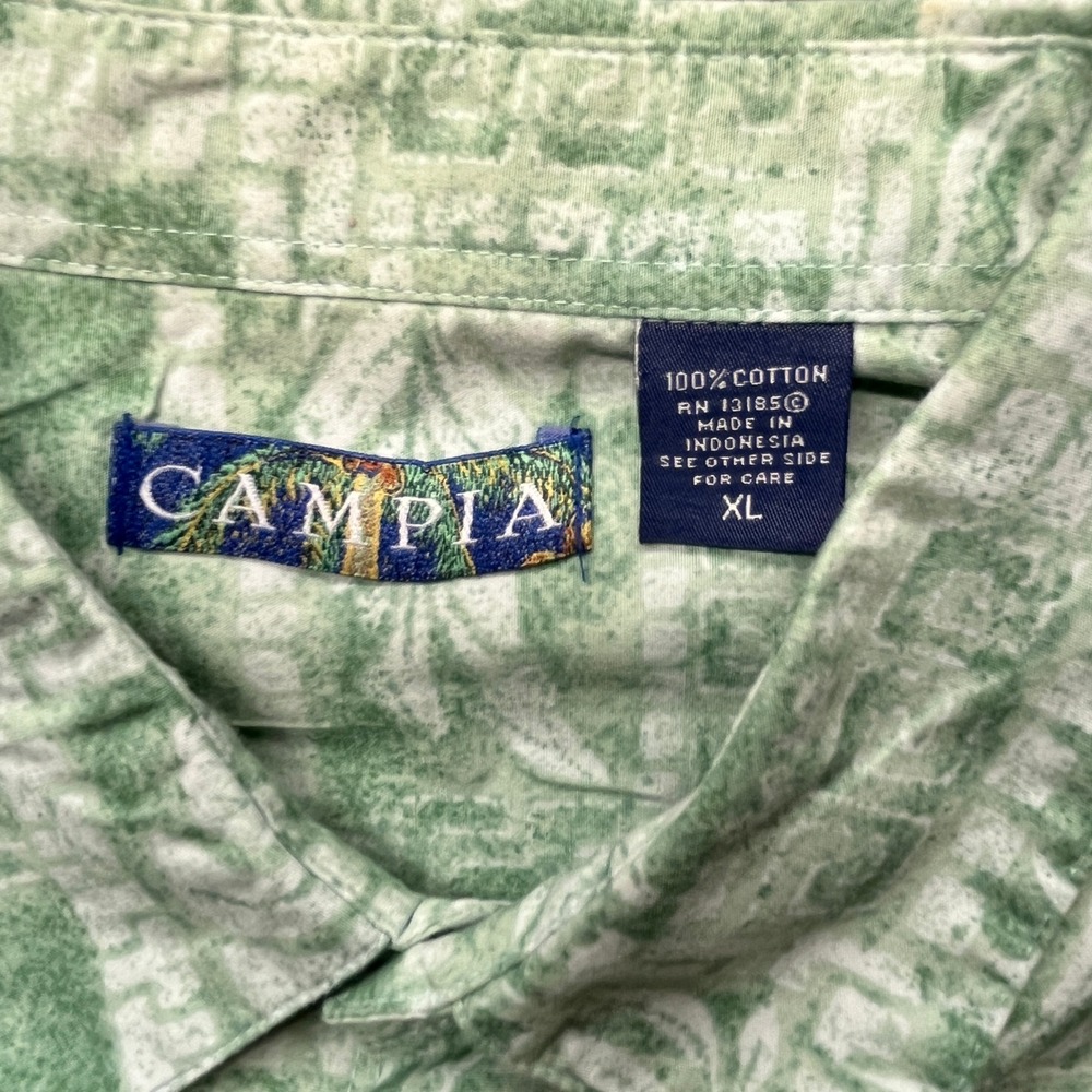 Campia Mens XL Green Tropical Leaf Button Down Shirt Short Sleeve Cotton Vintage - Picture 3 of 4